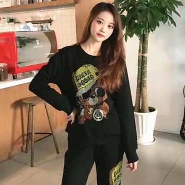 歐洲站秋冬潮牌大碼衛衣套裝卡通小熊燙鉆男女兩件套長褲情侶外套