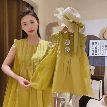 親子裝 夏季新款時尚森系氣質洋裝 韓版女童素色母女親子連身裙 親子裝洋裝 女童洋裝夏天 女童洋裝 女童H１