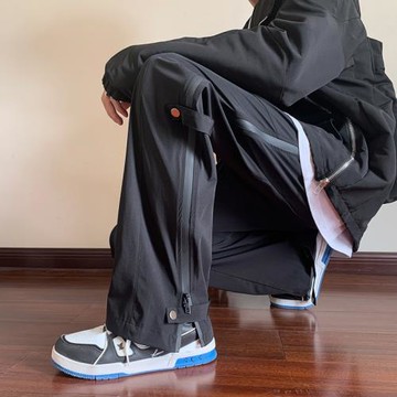 美式機能拉鏈開叉沖鋒褲男款春秋高街潮牌直筒寬松工裝休閑長褲子