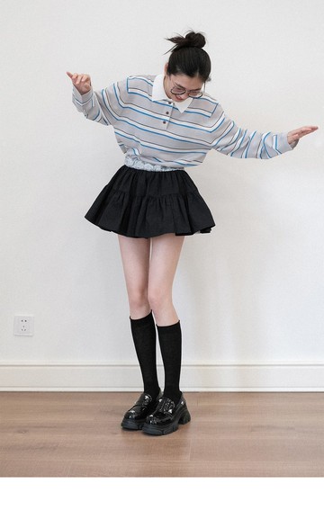 芭蕾撞色二次元氣少女松緊高腰百褶蓬蓬裙