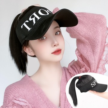 假發帽子馬尾一體時尚女網紅直馬尾短發夏遮陽防曬新款帽子高馬尾