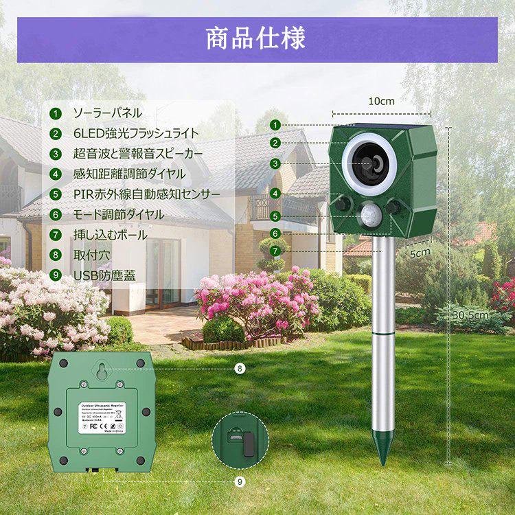 猫よけ 動物撃退器 害獣撃退器 超音波 ソーラーUSB充電式  スズメ撃退　鳩よけ対策 PIR赤外線センサー 野良犬退治 猪防止 鳥害対策