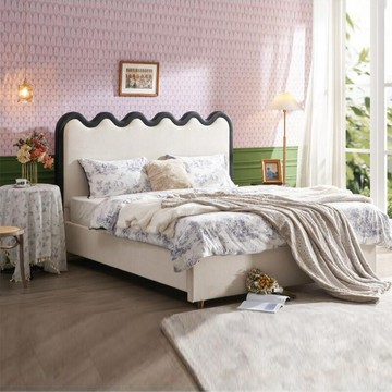 附發票 番茄表情 漣漪波浪簡約雙人床梨白法式奶油風復古雙人1.8m布藝床