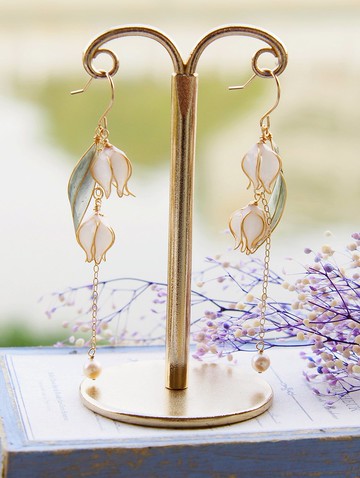 雙 11 限定 | 鈴蘭花琉璃與花 手工制花流蘇垂墜珍珠14k包金耳環