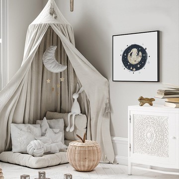 星夜 • 彎月上的白兔I - 手繪感星月白兔插畫掛畫/兒童房擺設