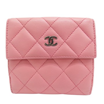 【二手名牌BRAND OFF】CHANEL 香奈兒 粉色 羊皮 三折短夾