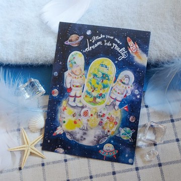 【水彩插畫明信片】太空人登陸月球種樹 | 星球系列.企鵝.雲遊仔