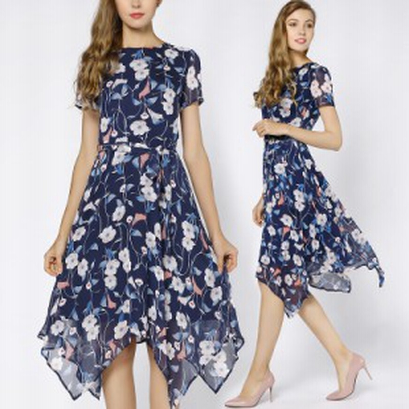 ワンピース シフォン ロング丈 ラウンドネック 半袖 花柄 ａライン ゆったり シースルー 透け感 大人可愛い 紺 ワンピース 夏 通販 Lineポイント最大1 0 Get Lineショッピング