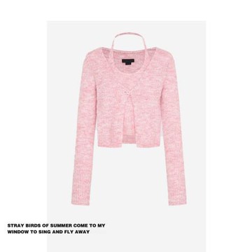 品牌特價秋季新款女裝粉色純欲氛圍感假兩件掛脖辣妹針織衫毛衣女