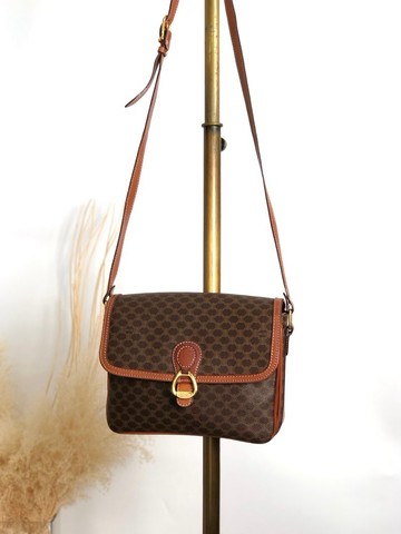 【日本直送 名牌中古包】CELINE 凱旋門 緞帶花紋 側背包 棕色 馬銜扣 PVC 皮革 vintage 古董 jcgk27