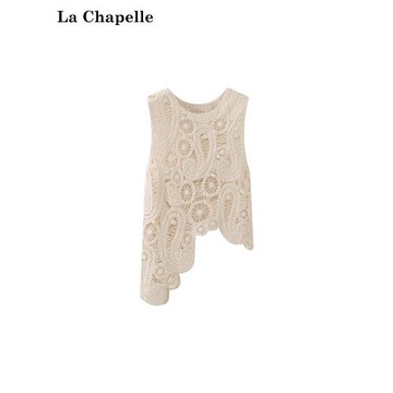 拉夏貝爾圓領針織鏤空鉤花不規則下擺無袖上衣女背心2025夏新品