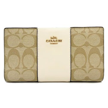 【COACH】C LOGO雙開多卡夾拉鍊零錢袋長夾(米白)