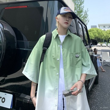 【夏季襯衫】漸變短袖襯衫男夏季薄款寬鬆大碼休閒五分袖襯衣美式高街潮牌外套 SI89