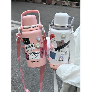 大容量兒童便攜提手水壺簡約高顏值不銹鋼大肚保溫杯戶外背帶水杯