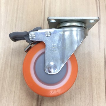 【3英吋】3x1 TPR輪(橘) 四角剎車輪子 (小板) 底板70x58mm 萬向輪