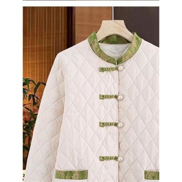 秋季加厚保暖新中式外套女國風提花拼接立領珍珠扣雙口袋長袖上衣