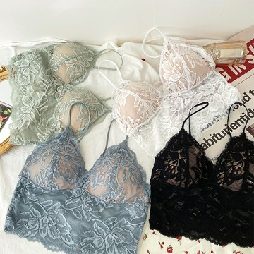 夏天超薄吊帶法式三角杯內搭外穿蕾絲細帶內衣小胸無鋼圈美背文胸