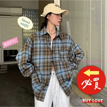 【買到戀愛】隔日到貨 復古藍綠格紋寬鬆長袖襯衫 單色 襯衫 小外套 長袖上衣 女裝 女上衣【FT342】