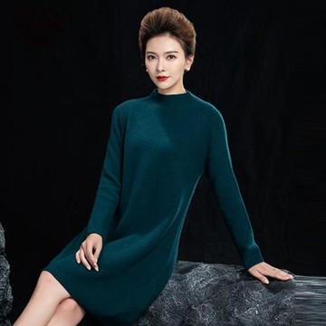 半高領羊絨衫女中長款毛衣裙新款針織打底裙加厚大碼羊絨連衣裙暖