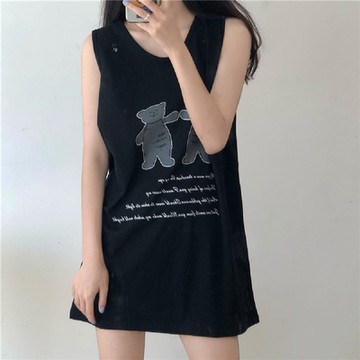 【LANNI 藍尼】現+預 少女小熊印花無袖中長T恤(女上衣/短袖/休閒)