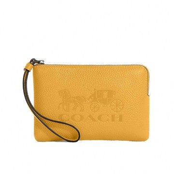COACH - 馬車壓印皮革拉鍊手拿包 (黃)