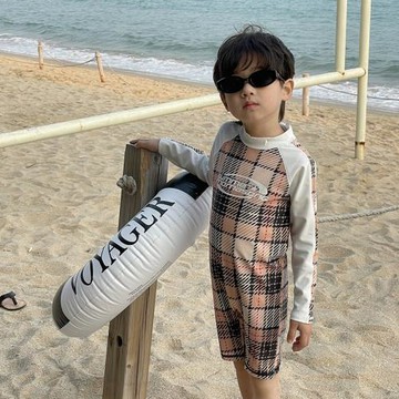 韓國男孩長袖連體游泳衣速干防曬兒童咖色格子拼色泳衣沙灘度假風