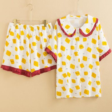 大碼雙層棉紗睡衣女開衫薄款胖mm200斤短袖短褲寬松家居服批發