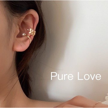Pure Love樂芙 /正韓 【E0518】韓系簡約S925純銀樹葉微鑲鑽耳夾 耳骨夾(無耳洞)一對入 / 金