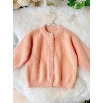 女童水貂絨毛衣開衫外套2025秋冬童裝新款女寶寶毛毛珍珠上衣洋氣
