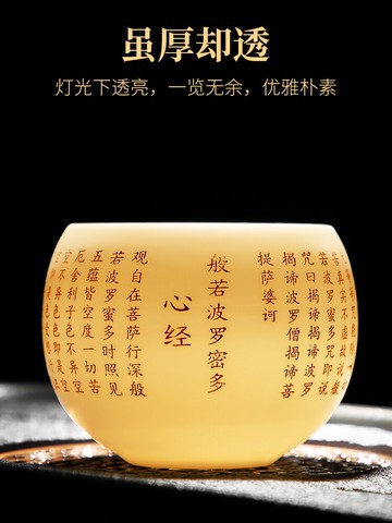 唐豐羊脂玉心經品茗杯家用功夫茶主人杯刻字描金個人杯辦公喝茶杯