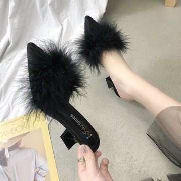 包頭半拖鞋女春夏季網紅毛毛涼拖鞋外穿女涼鞋尖頭細跟中跟懶人鞋