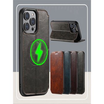 商務男士翻蓋皮套適用蘋果14手機殼磁吸卡包iphone13帶支架Promax防摔插咭套12可magsafe充電15pro手機套放卡