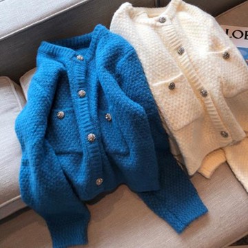 針織開衫女外搭2025秋季新款短款長袖名媛小香風藍色毛衣外套上衣