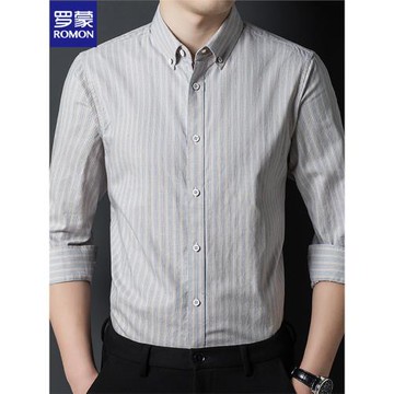 羅蒙純棉長袖襯衫男士中年春秋季新款商務休閑寬松免燙條紋襯衣男