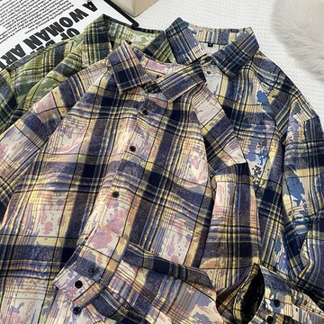 不皺襯衫 shirt 扎染潑墨 寬鬆襯衫 長袖落肩襯衫 韓版韓系襯衫 設計襯衫外衣男士花襯衫女生 休閒外套上衣襯衫秋冬