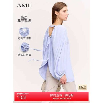 Amii法式雪紡衫女2025春季新款V領綁帶落肩袖燈籠袖寬松露背上衣