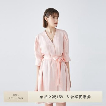 OBEG歐碧倩通勤氣質連衣裙夏季V領收腰中長裙10422130