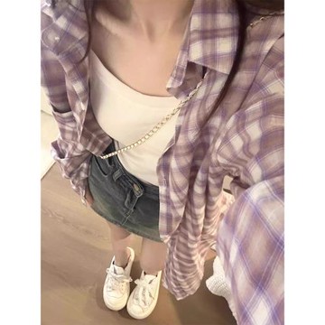 紫色格子襯衫外套女2026新款秋冬季防曬疊穿襯衣美式復古長袖上衣