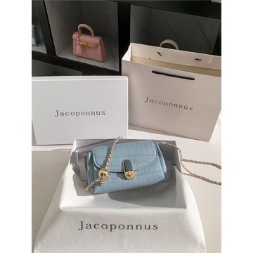 雅各邦真皮藍色菱格鏈條包女斜挎2025新款今年流行洋氣通勤信封包