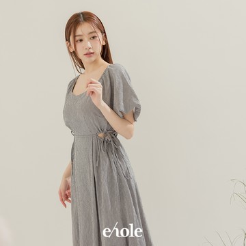 兩穿格紋公主澎袖腰洞洋裝-黑