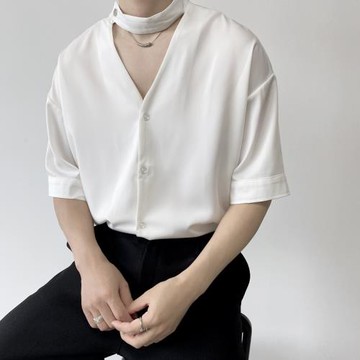 冷淡風立領襯衫男短袖夏季2022新款韓版潮牌ins百搭免燙中袖上衣