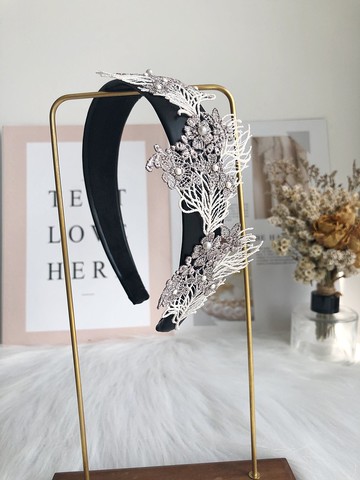 原創復古卡其色蕾絲花束髮箍發飾頭飾