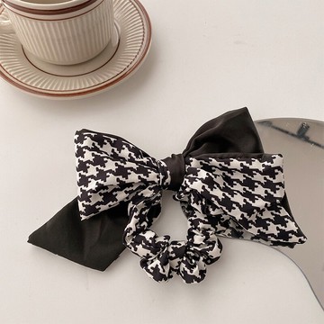 千鳥格蝴蝶結發繩長絲帶大腸發圈女簡約氣質復古法式飄帶緞面頭繩