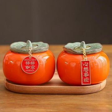 事事如意陶瓷茶葉罐創意仿真水果中式柿子擺件餐廳酒柜裝飾品擺設