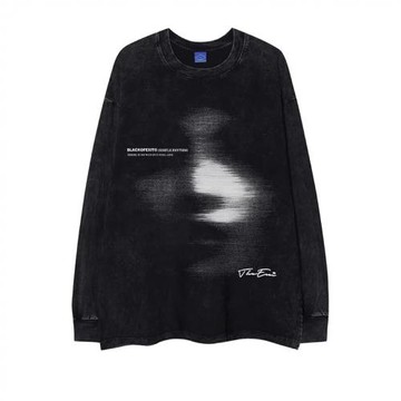 美式做舊水洗模糊幻影長袖hiphop高街嘻哈街頭oversize寬松t恤冬