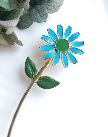 Vintage Jewelry 優雅 藍綠色調 小雛菊 花卉 琺瑯花 別針 胸針