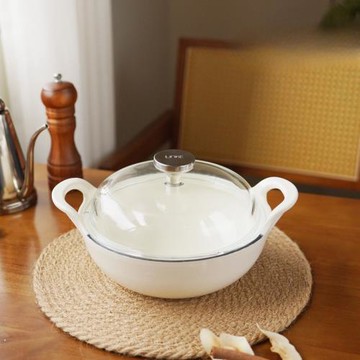 LINKE鄰可 元寶奶油白琺瑯鍋20cm（玻璃拱蓋）