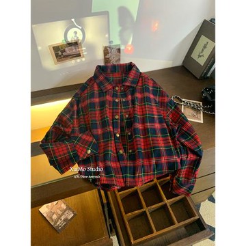 安可拉紅色格子襯衫女2025新款秋季小個子復古寬松設計感短款上衣