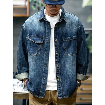 秋季長袖牛仔襯衫男寬松潮牌大碼工裝襯衣男士百搭休閑外套春秋款