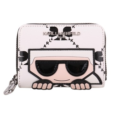 KARL LAGERFELD  卡爾皮革ㄇ型拉鍊卡夾零錢包(白)